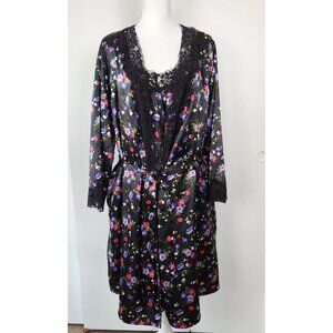 Amoureuse Black Satin W Purple Red White Flowers Black Lace Trim Peignoir Set Lg